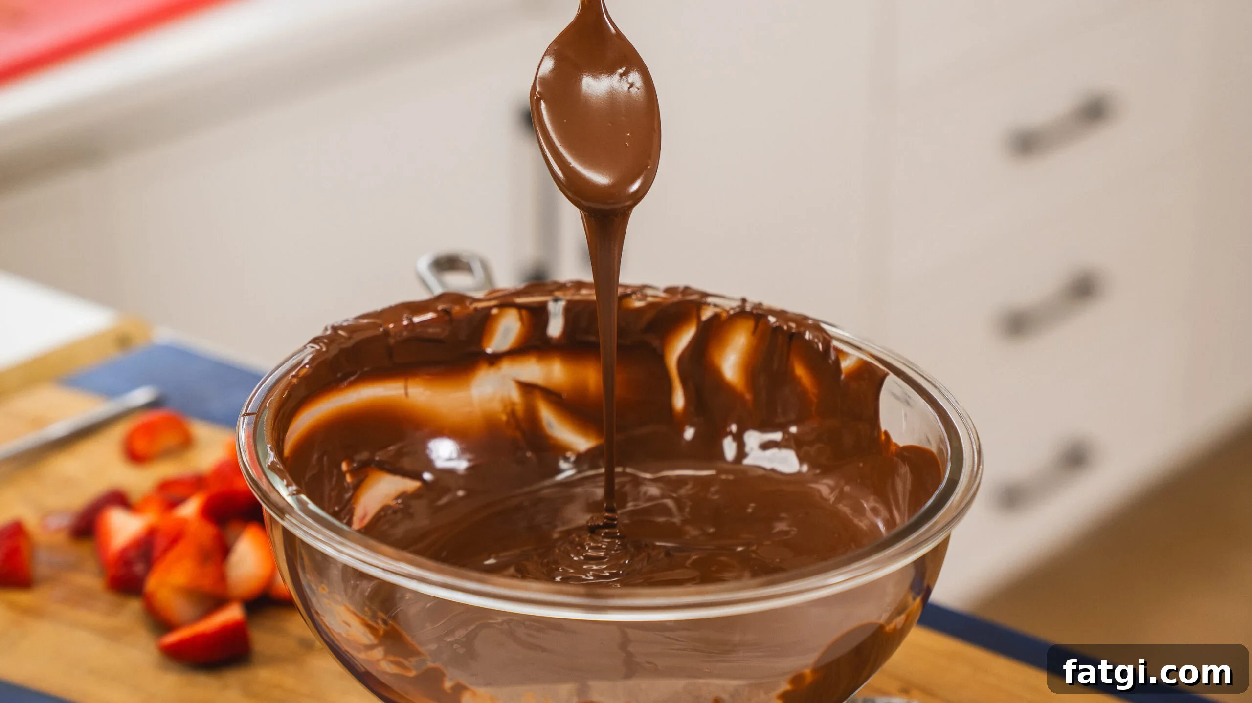 A bowl of melted semi-sweet chocolate.