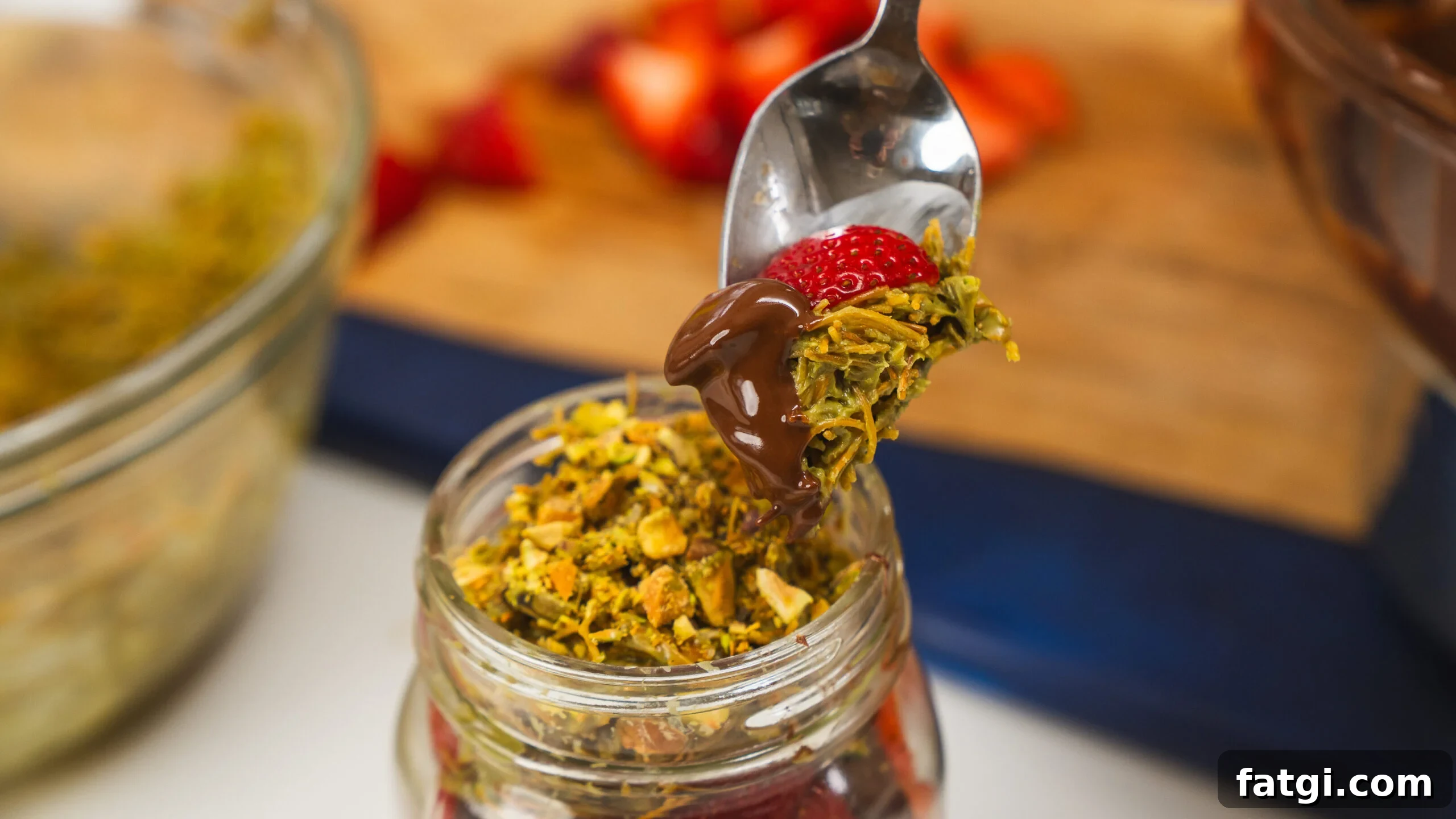 Dubai Chocolate Strawberries layered in a mason jar.