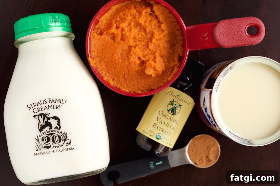 Pumpkin Pie Ice Cream Sundae Ingredients - heavy cream, pumpkin puree, vanilla, spices, and a can of condensed milk.