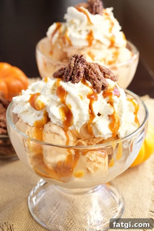 Two glass bowls of Pumpkin Pie Ice Cream Sundaes