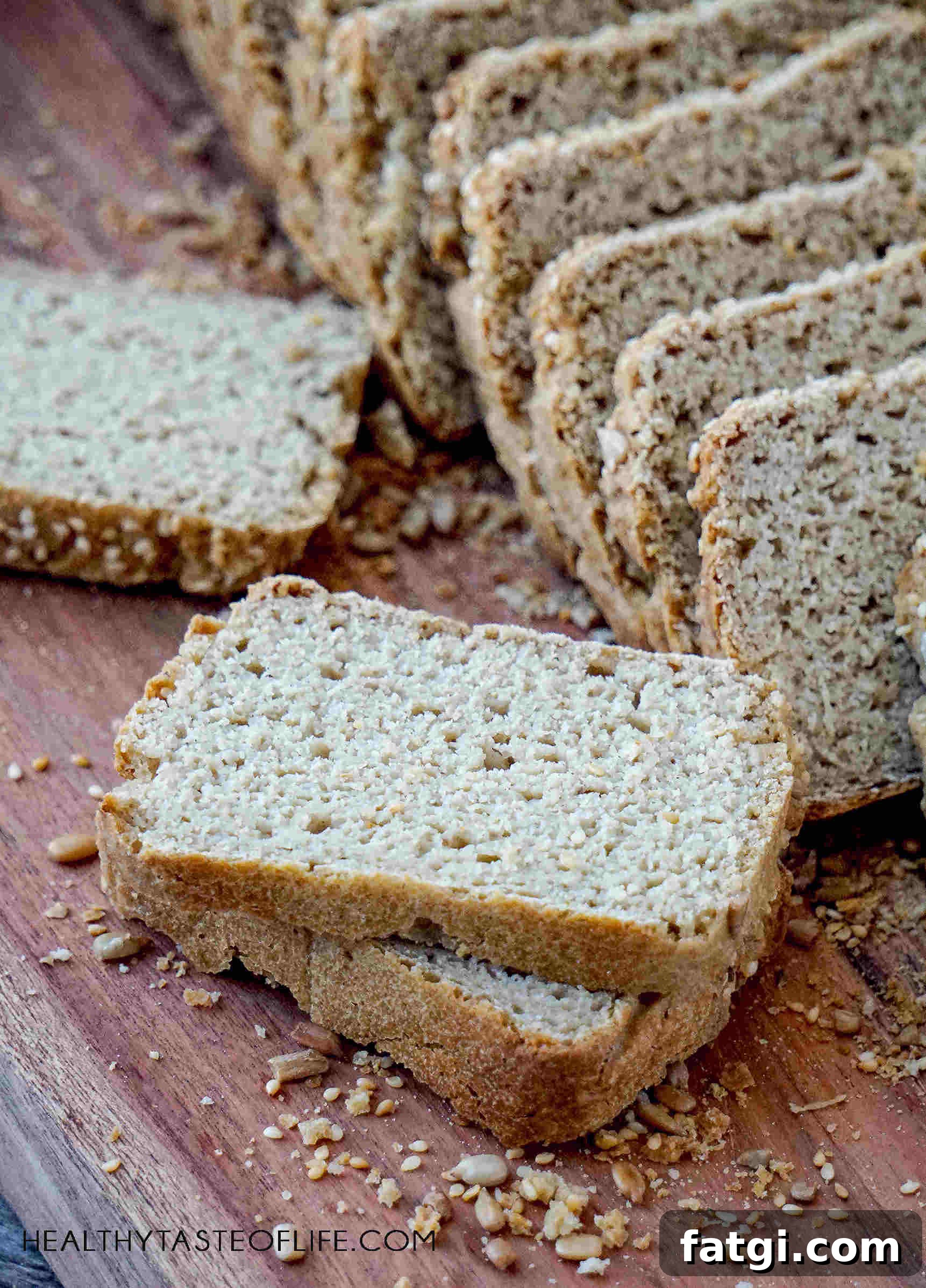 Sliced Gluten Free Sourdough Bread on a wooden board, showing texture inside