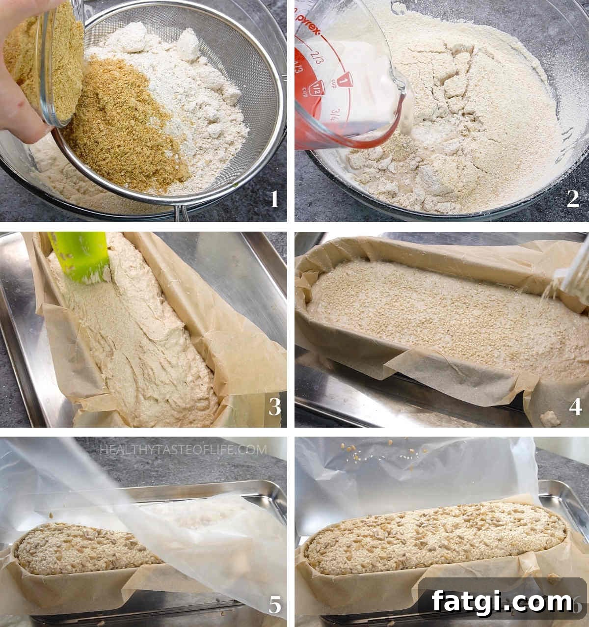 Steps photo collage showing gluten free sourdough batter, proofing in loaf tin, and before baking.