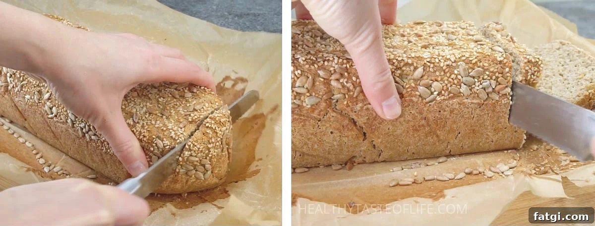 Slicing gluten free vegan sourdough bread showing sliceable texture.