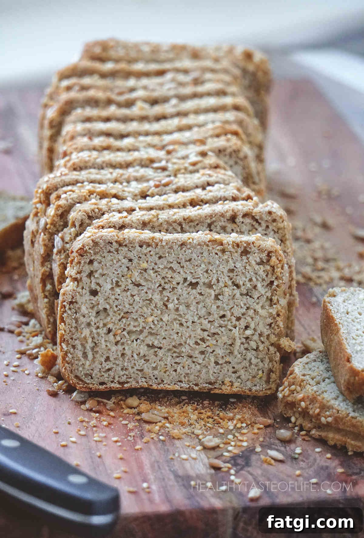 Close-up of gluten-free sourdough crumb with even small holes.