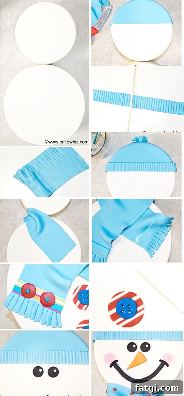 Collage Image With Step by Step Pictures on How to Make Snowman Cake