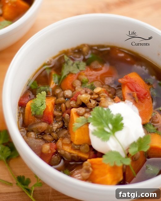 Lentil and Sweet Potato Stew is a great dinner. It’s made with ingredients that I usually have in the house, so it’s great for those days I’m not sure what to make for dinner. Lentil and Sweet Potato Stew recipe vegan gluten free