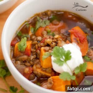 Lentil Sweet Potato Stew Recipe 3 Lentil and Sweet Potato Stew in a white bowl garnished with sour cream and cilantro.