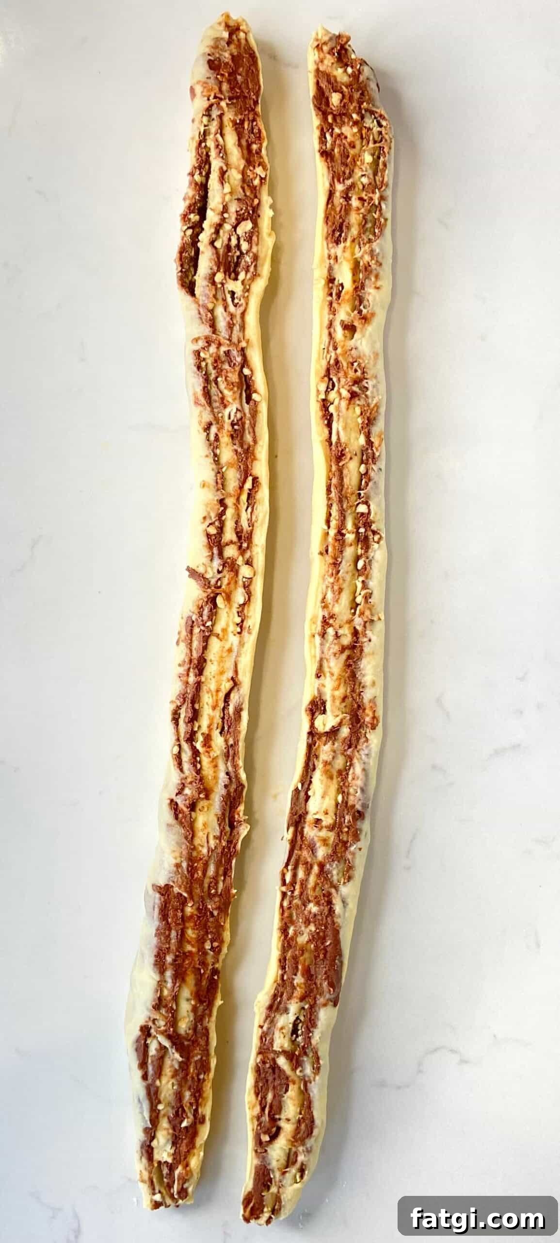 Slicing the dough in half lengthwise.