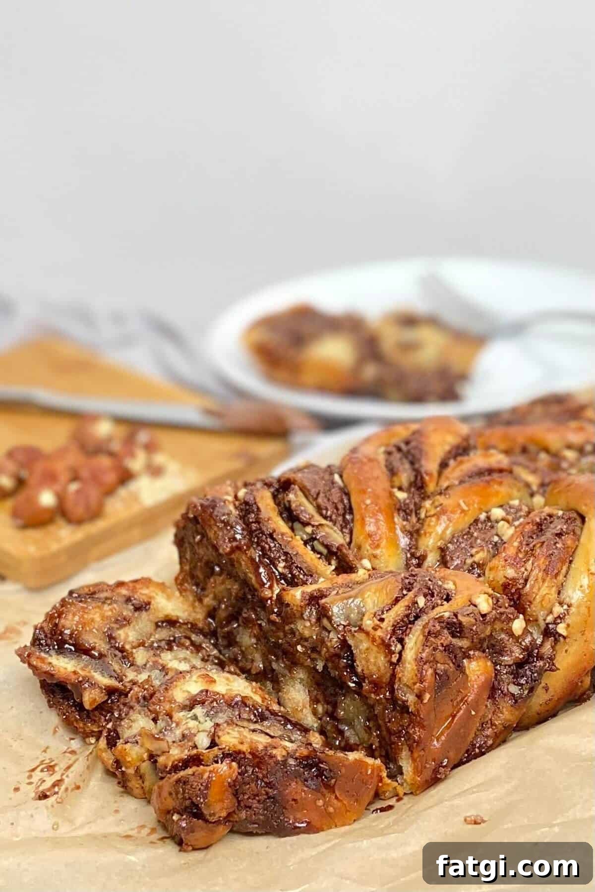 Sliced babka on parchment paper.