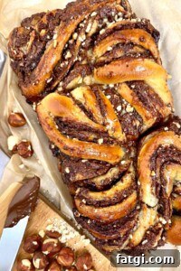 finished babka, with knife of nutella alongside