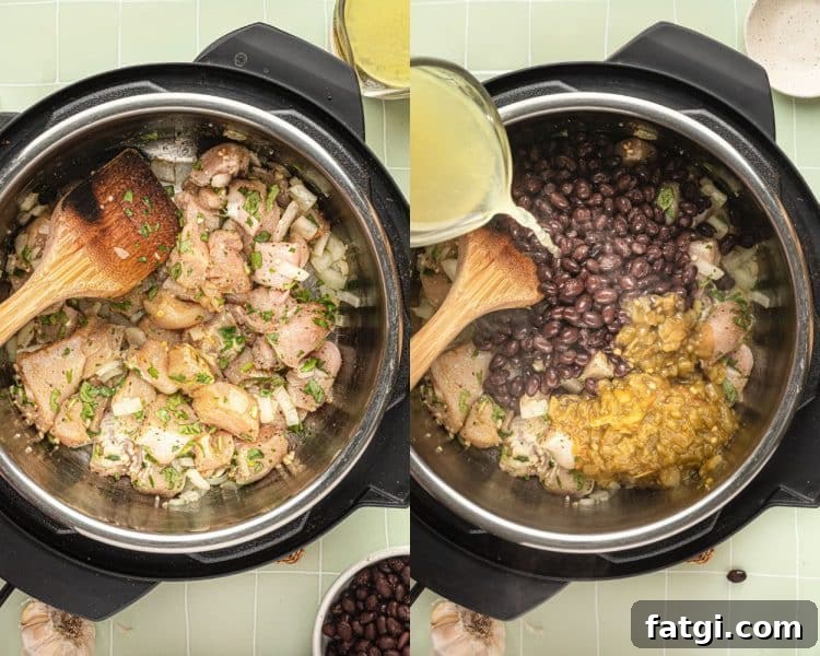 Overhead images of the inside of an instant pot. Left side has diced raw chicken with chopped onions and spices. Right side has black beans, salsa, and chicken broth.