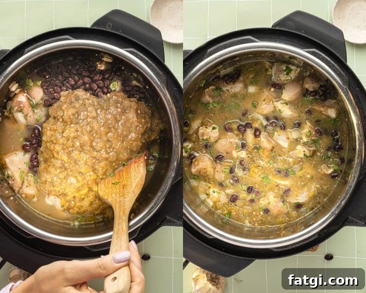 Side by side images of an overhead shot of the inside of an Instant Pot. Left side shows salsa, black beans, chicken, and chicken broth seperated in sections. Right side shows those same ingredients mixed.