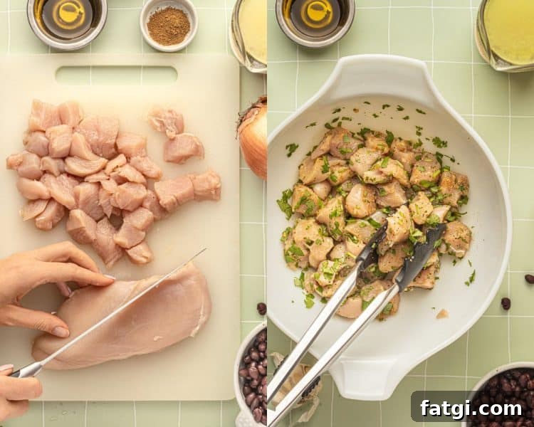 Left side image is raw chicken breast on a translucent cutting board with a hand slicing the breast into cubes. Right side image is a white bowl with pieces of raw chicken tossed in spices.