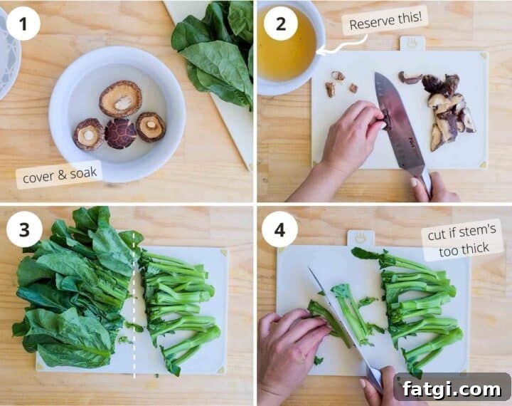 Step by step of how to prepare dried mushrooms and Chinese broccoli (gai lan)