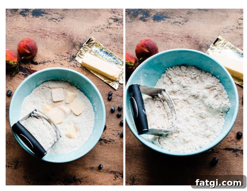 Two photos - a mixing bowl with dry ingredients and cubes of butter, and the same bowl with the butter cut into the flour.