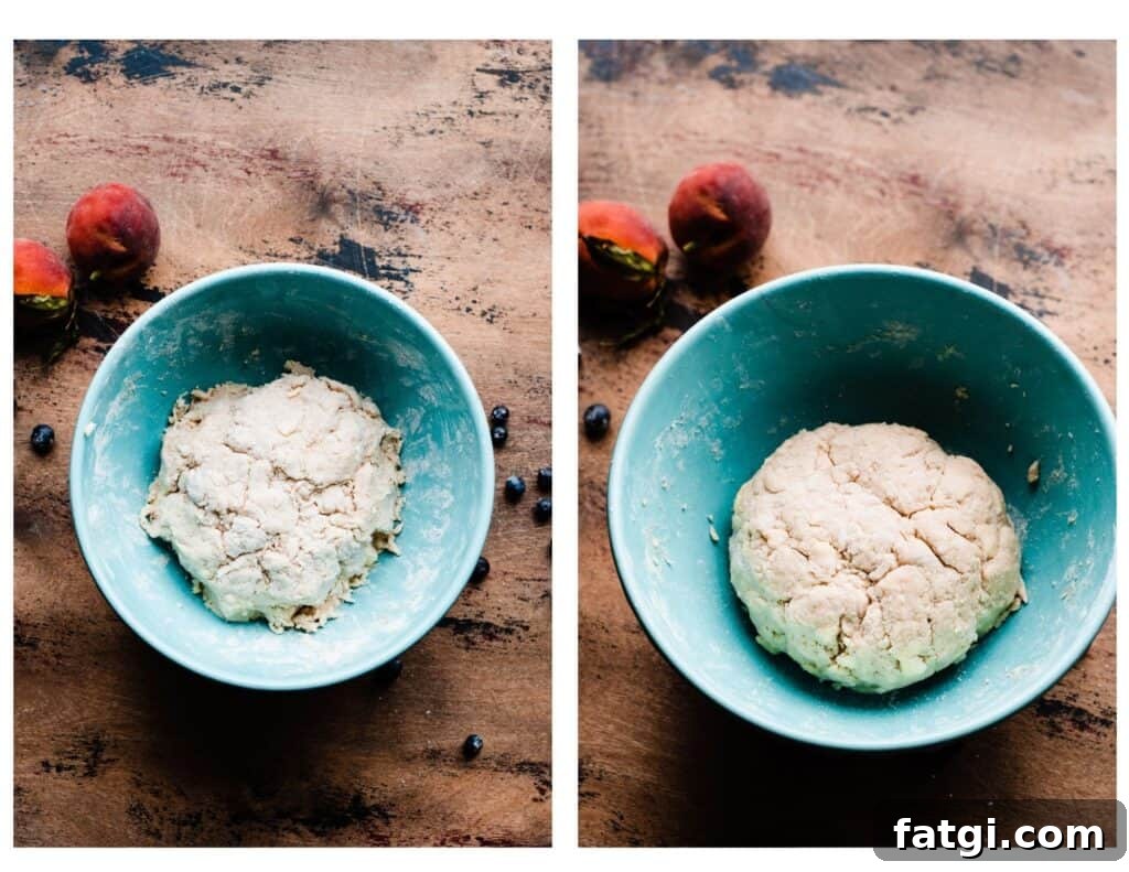 Two photos - a bowl of the biscuit dough while it's still a bit dry and shaggy, and a photo of the dough with a smidgen more milk added, so it comes together a little more smoothly (but still has some cracks).