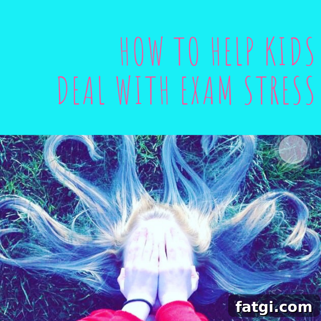 How Parents Can Help Kids Manage Exam Stress 2 girl lying on grass with hair arranged in love heart shapes her face covered with her hands. Text overlay saying