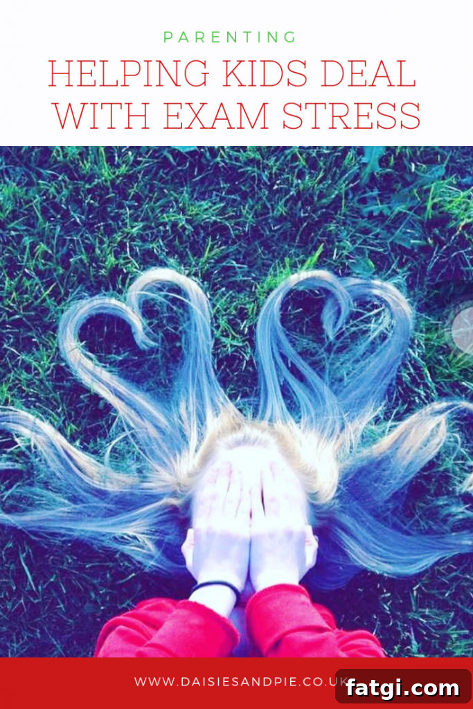 How Parents Can Help Kids Manage Exam Stress 3 girl lying on grass with hair arranged in love heart shapes her face covered with her hands. Text overlay saying