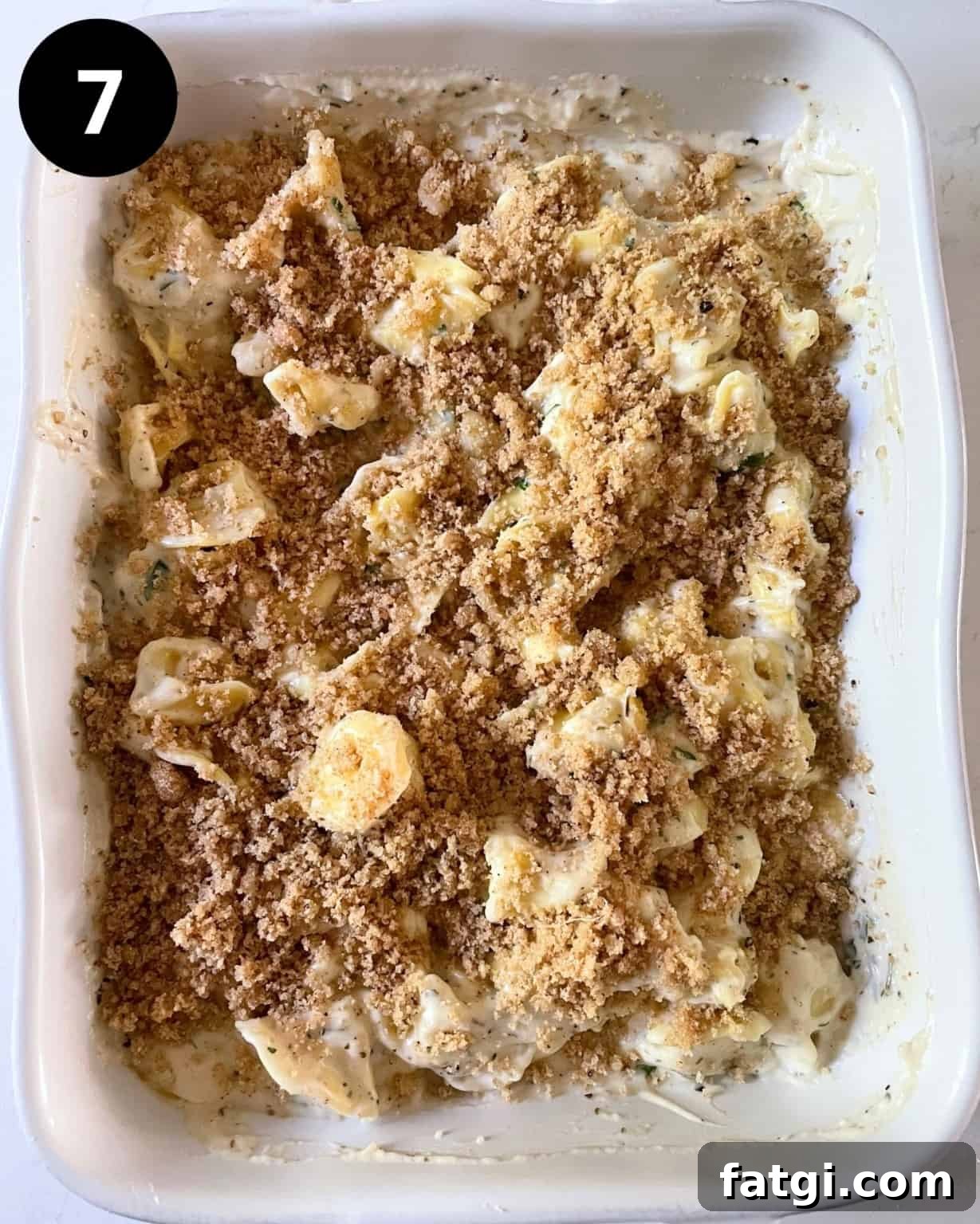 asiago tortellini alfredo in a baking dish topped with breadcrumbs.