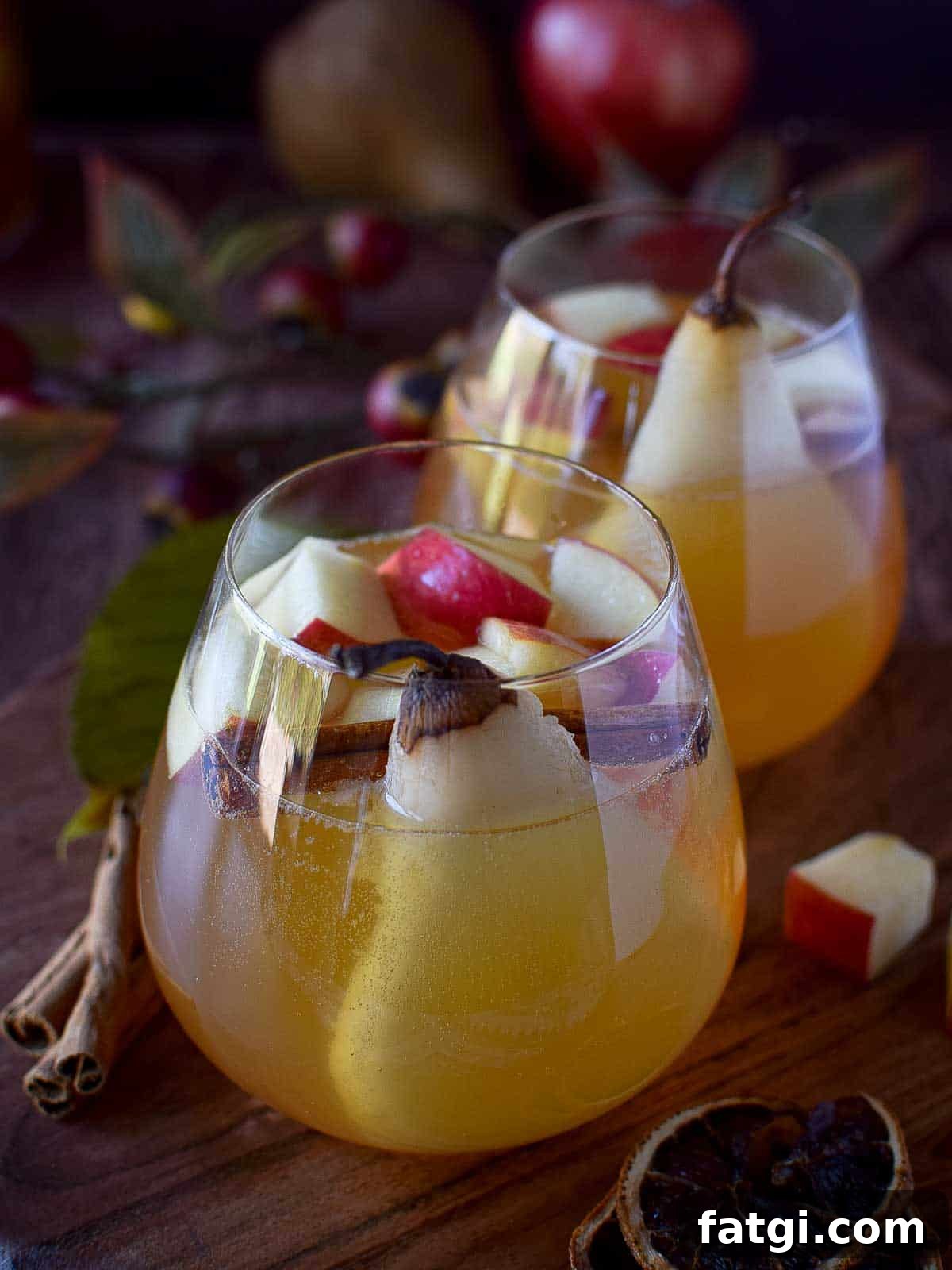 Close-up of two glasses of apple and pear sangria.