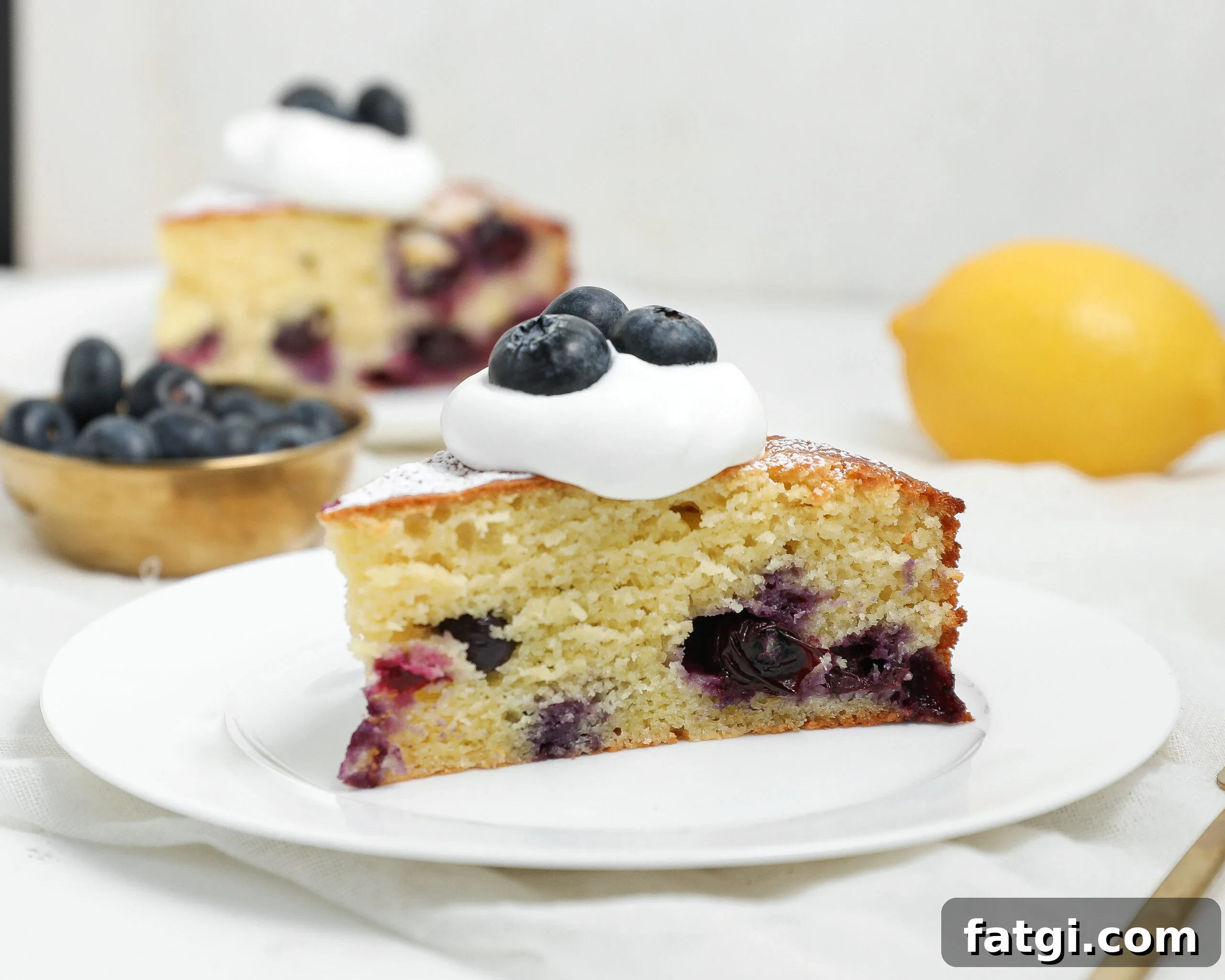 A slice of blueberry cake topped with whipped cream and fresh blueberries sits on a white plate; a bowl of blueberries and a whole lemon are in the background.