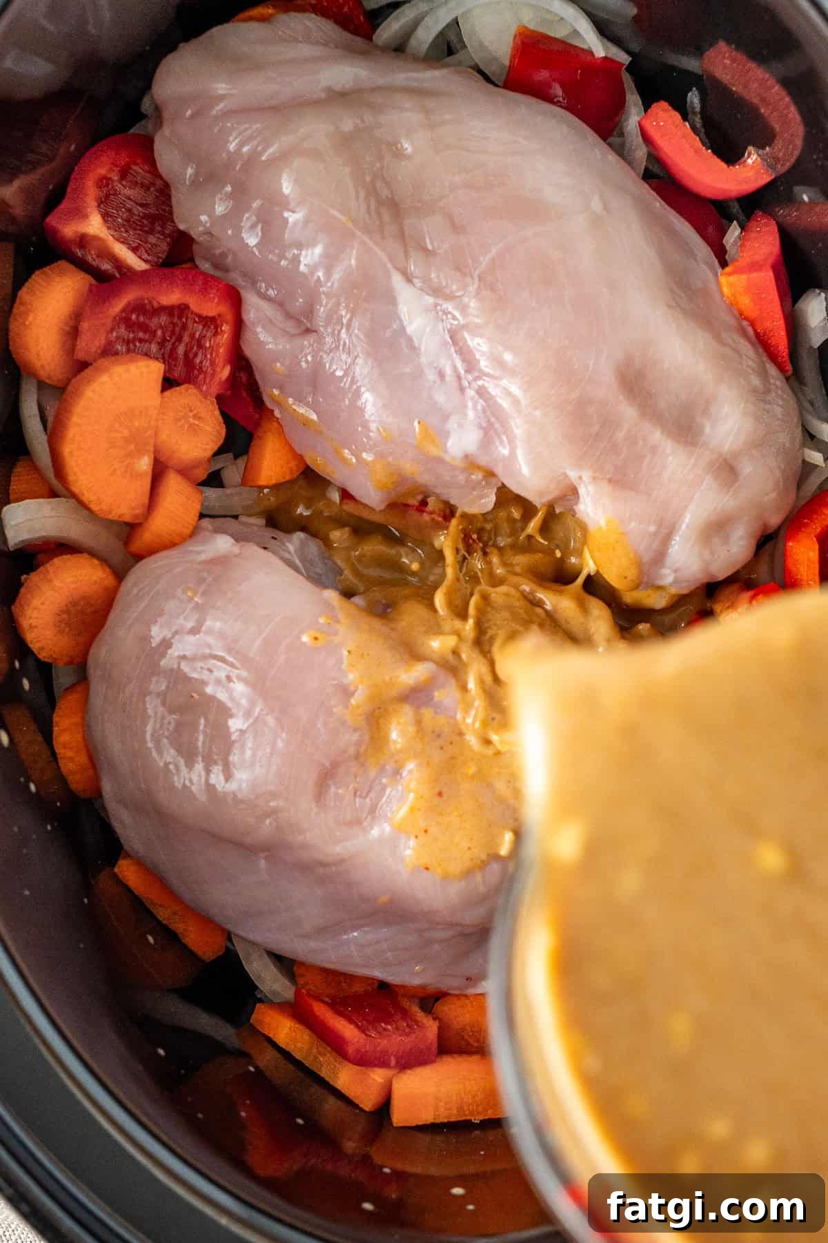 Pouring the satay sauce over the chicken in the slow cooker.