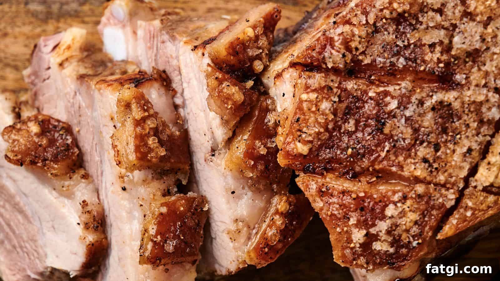 21 Pork Dinner Recipes for When You Need More on the Table 11 Sliced roast pork with crispy, golden-brown skin on a wooden surface.