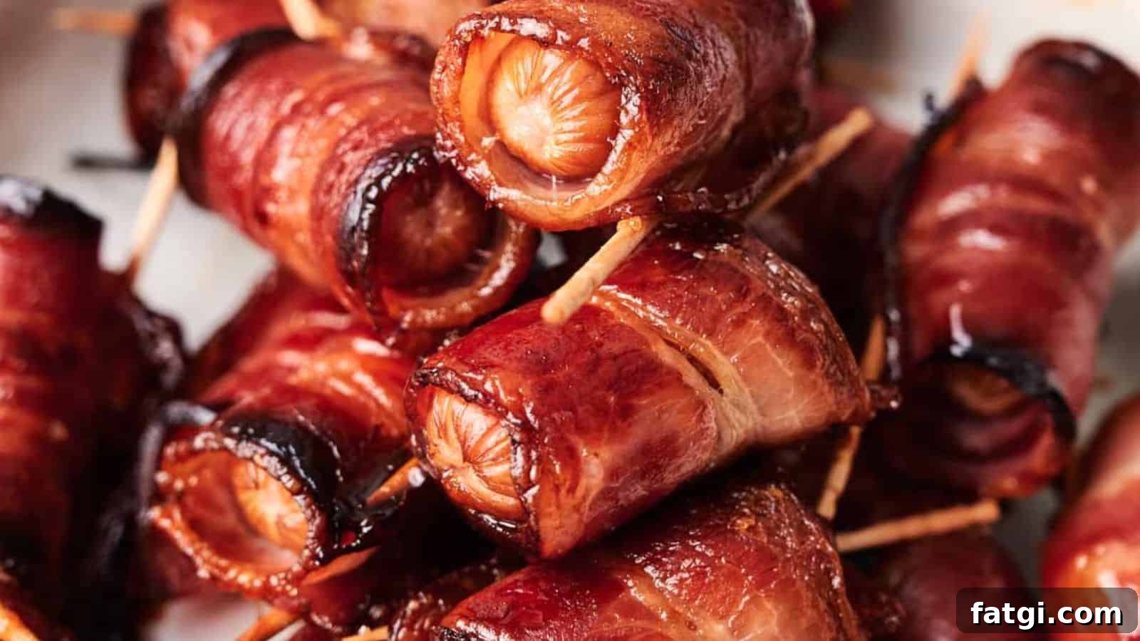 21 Pork Dinner Recipes for When You Need More on the Table 12 A close-up of Bacon Wrapped Sugar Smokies, held together with toothpicks and cooked to a crispy finish.