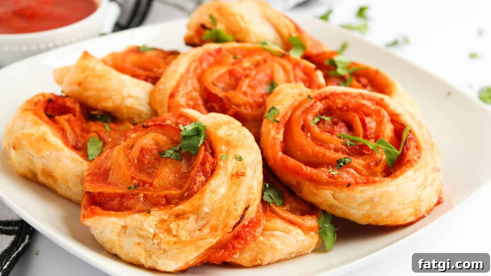 21 Pork Dinner Recipes for When You Need More on the Table 14 A plate of golden-brown pinwheel pastries filled with tomato sauce and garnished with fresh herbs. A small bowl of sauce is in the background.