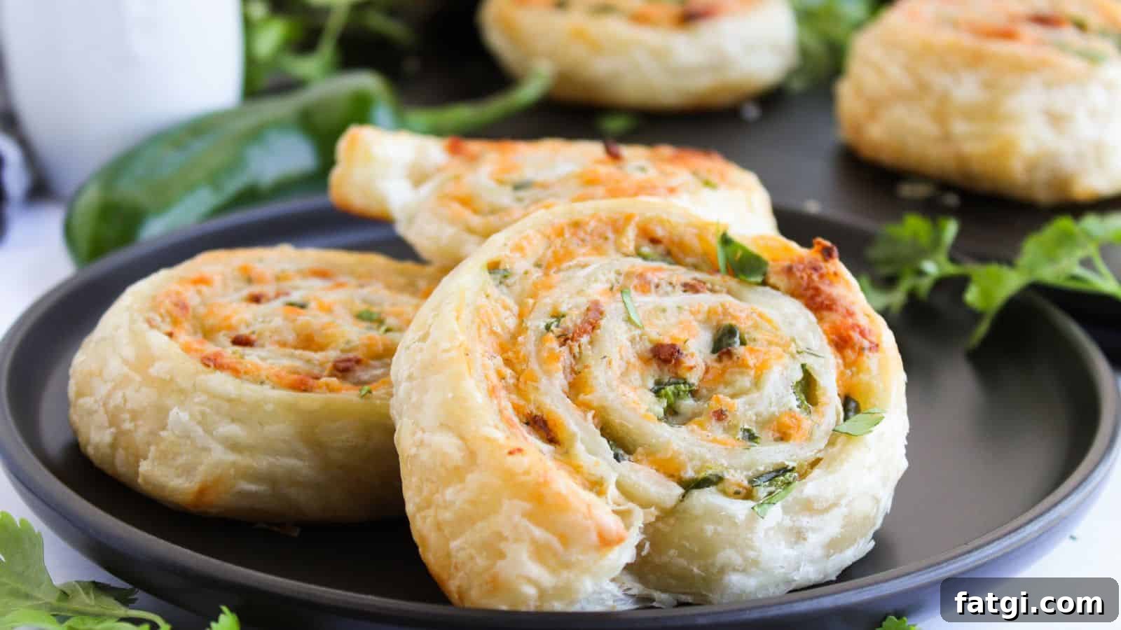 21 Pork Dinner Recipes for When You Need More on the Table 15 Close-up of three spiral pastry rolls on a black plate, filled with herbs and cheese. Green garnish and a jalapeño pepper are in the background.