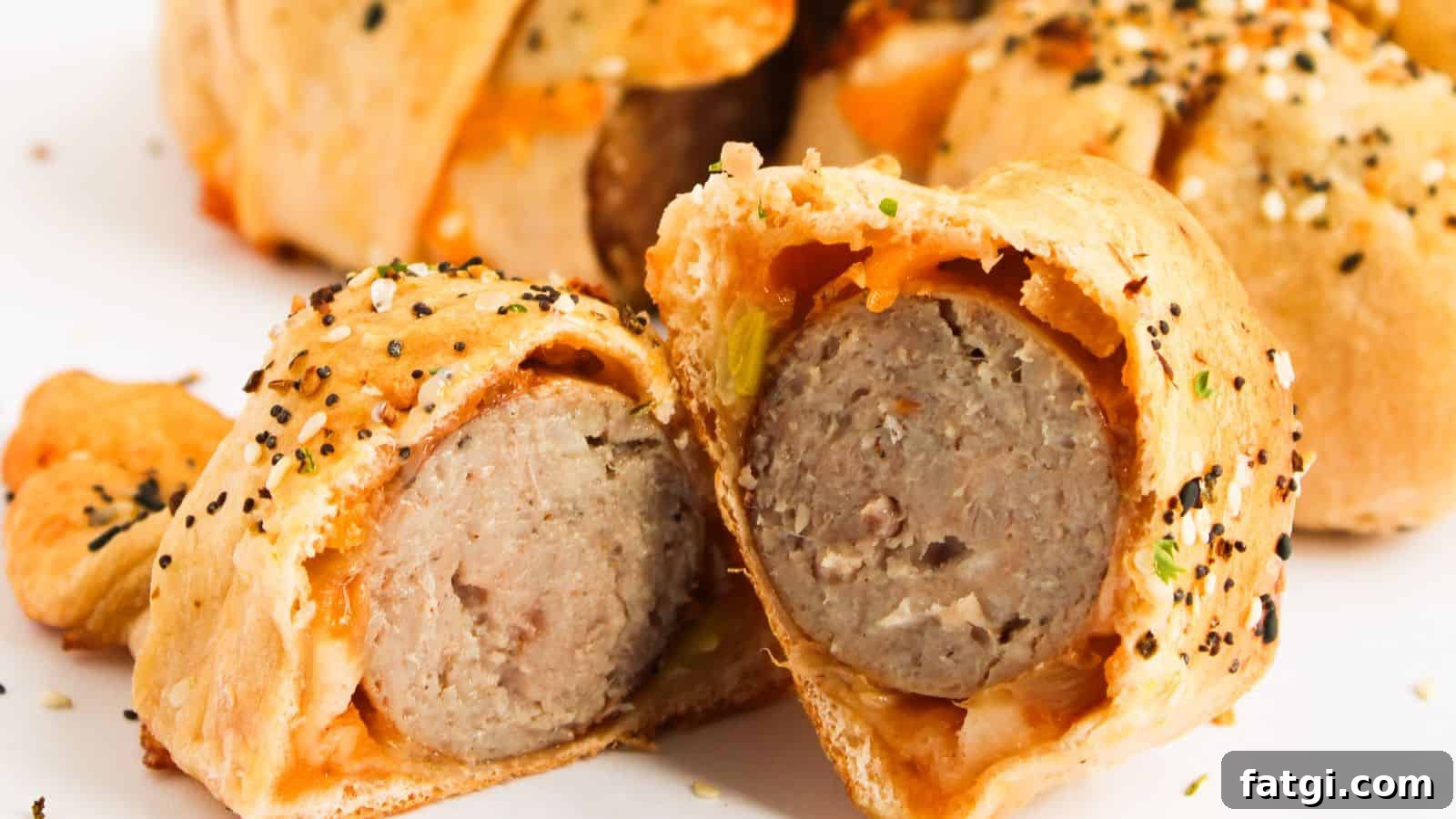 21 Pork Dinner Recipes for When You Need More on the Table 16 Sliced sausage wrapped in golden-brown pastry, sprinkled with sesame and poppy seeds.
