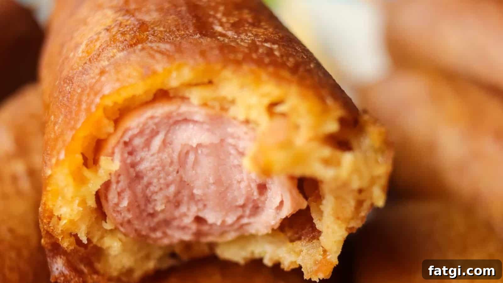 21 Pork Dinner Recipes for When You Need More on the Table 19 Close-up of a bitten corn dog showing its interior with a layer of crispy fried batter and a hot dog inside.