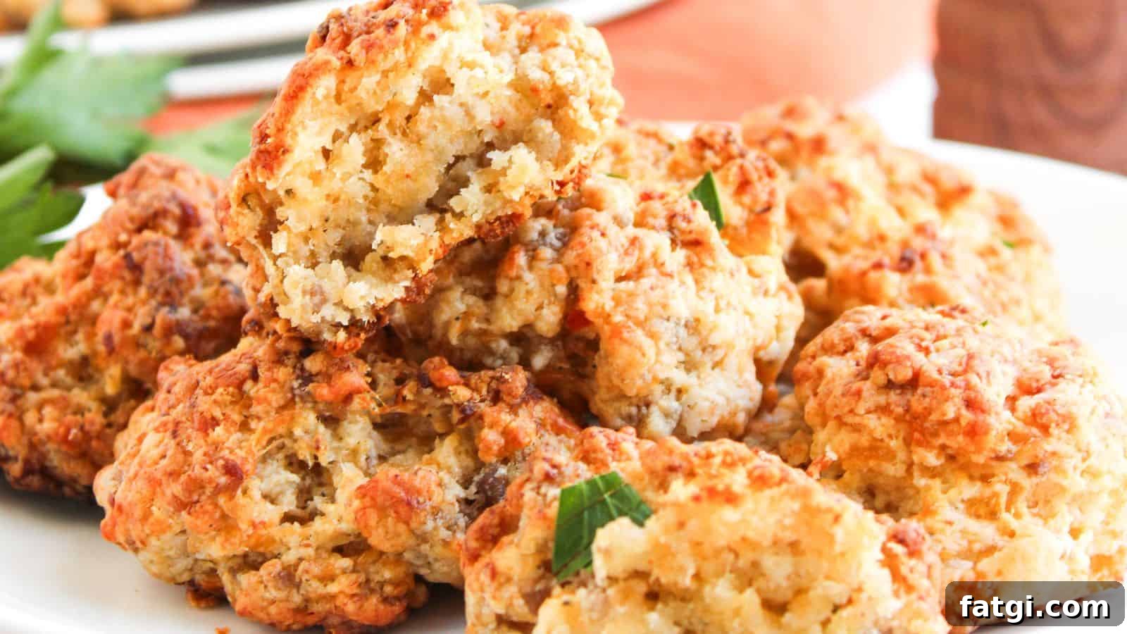 21 Pork Dinner Recipes for When You Need More on the Table 3 A plate of golden-brown, cheesy sausage balls stacked on top of each other, with one ball partially broken to show the inside texture.