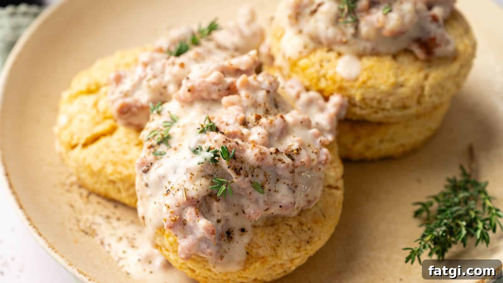 21 Pork Dinner Recipes for When You Need More on the Table 22 Two biscuits topped with creamy sausage gravy and garnished with fresh thyme are served on a beige plate.
