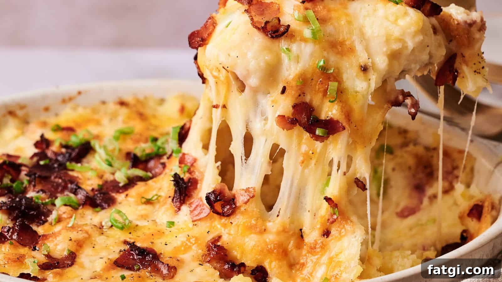 21 Pork Dinner Recipes for When You Need More on the Table 4 A close-up of a cheesy, baked casserole topped with bacon and chopped green onions, with a serving being lifted out, showing melted cheese stretching.