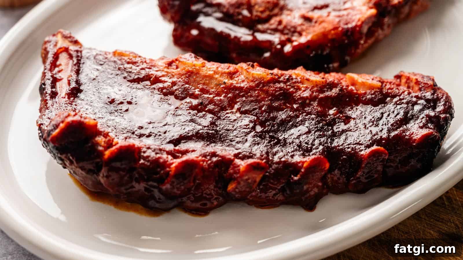 21 Pork Dinner Recipes for When You Need More on the Table 5 A close-up of a barbecued pork rib with a glossy layer of barbecue sauce on a white plate.