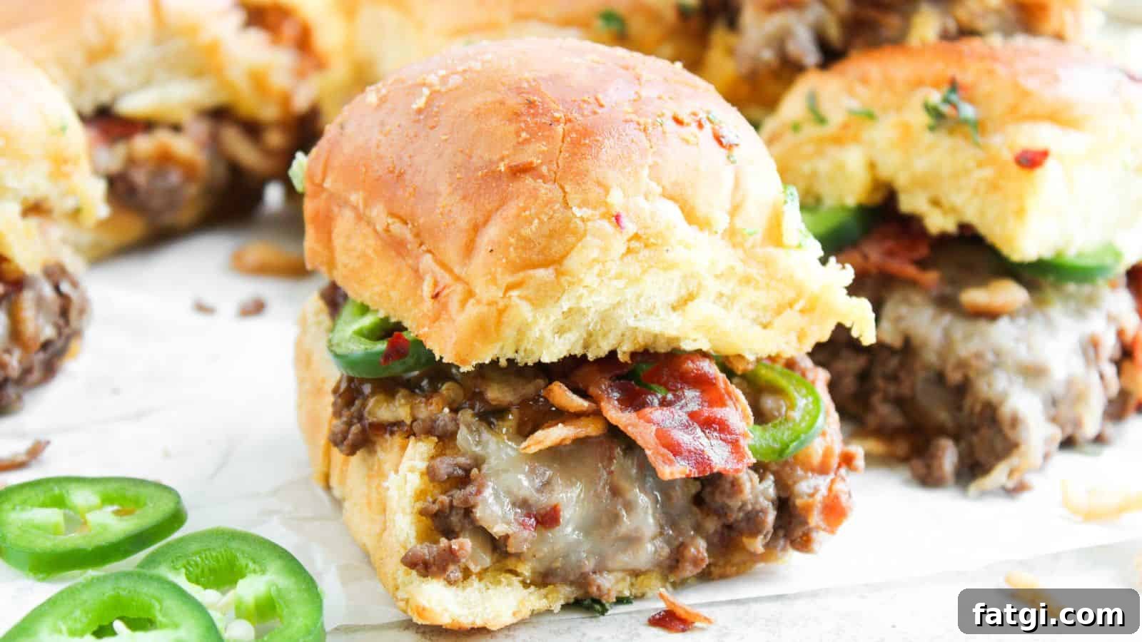 21 Pork Dinner Recipes for When You Need More on the Table 6 A close-up of sliders filled with cooked ground beef, melted cheese, bacon, and sliced jalapeños on a white surface, with some jalapeño slices scattered nearby.