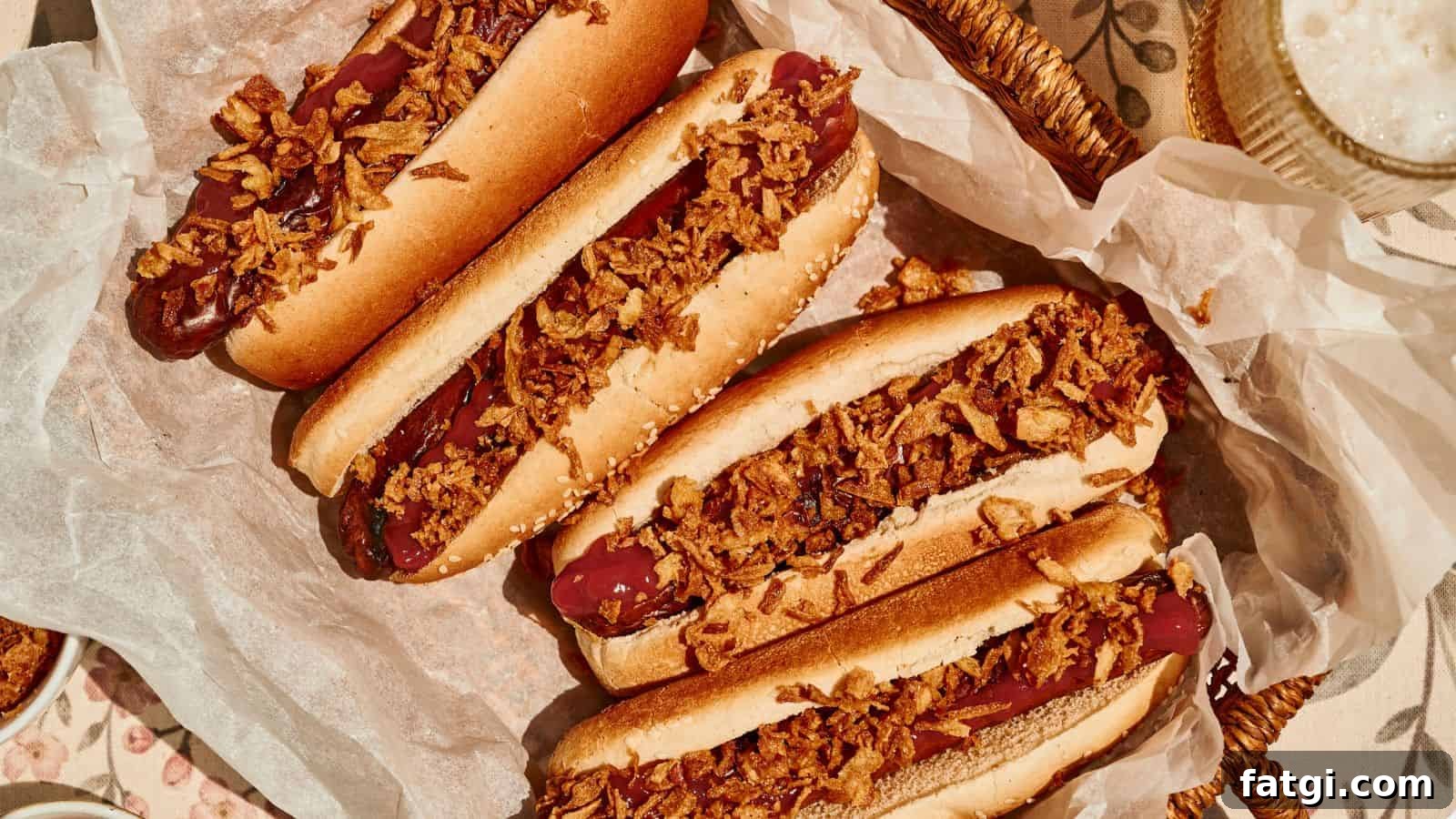 21 Pork Dinner Recipes for When You Need More on the Table 7 Four hot dogs in buns topped with crispy fried onions are arranged on parchment paper in a basket.