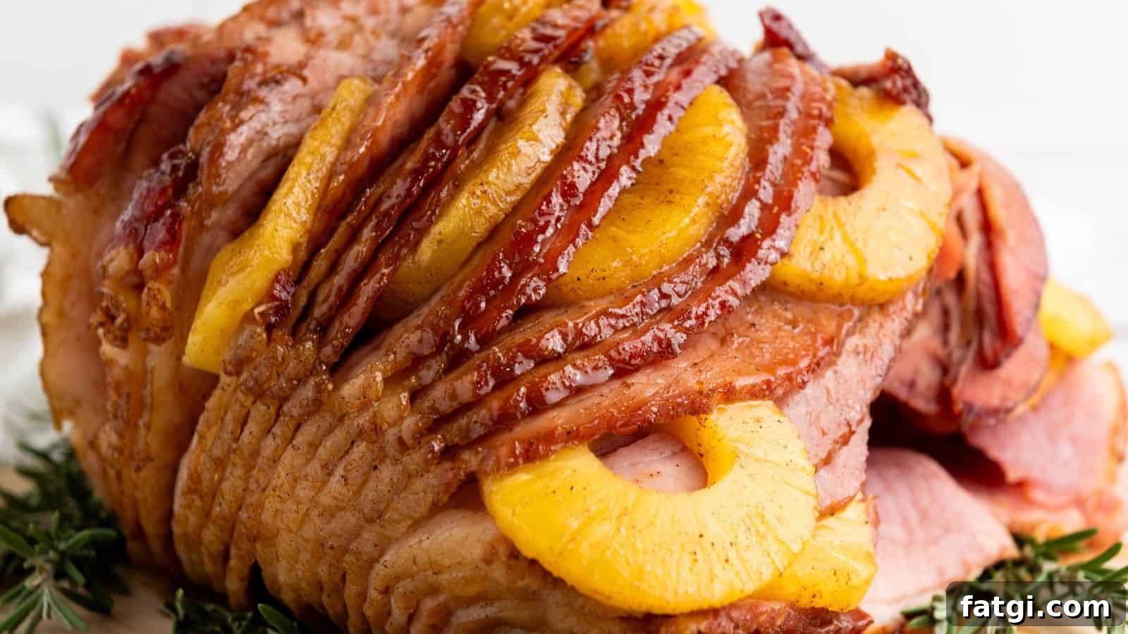 21 Pork Dinner Recipes for When You Need More on the Table 9 Glazed ham layered with pineapple slices and a hint of brown sugar, garnished with rosemary sprigs.