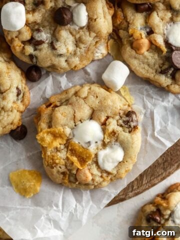 A batch of cornflake marshmallow cookies with chocolate chips on parchment paper.