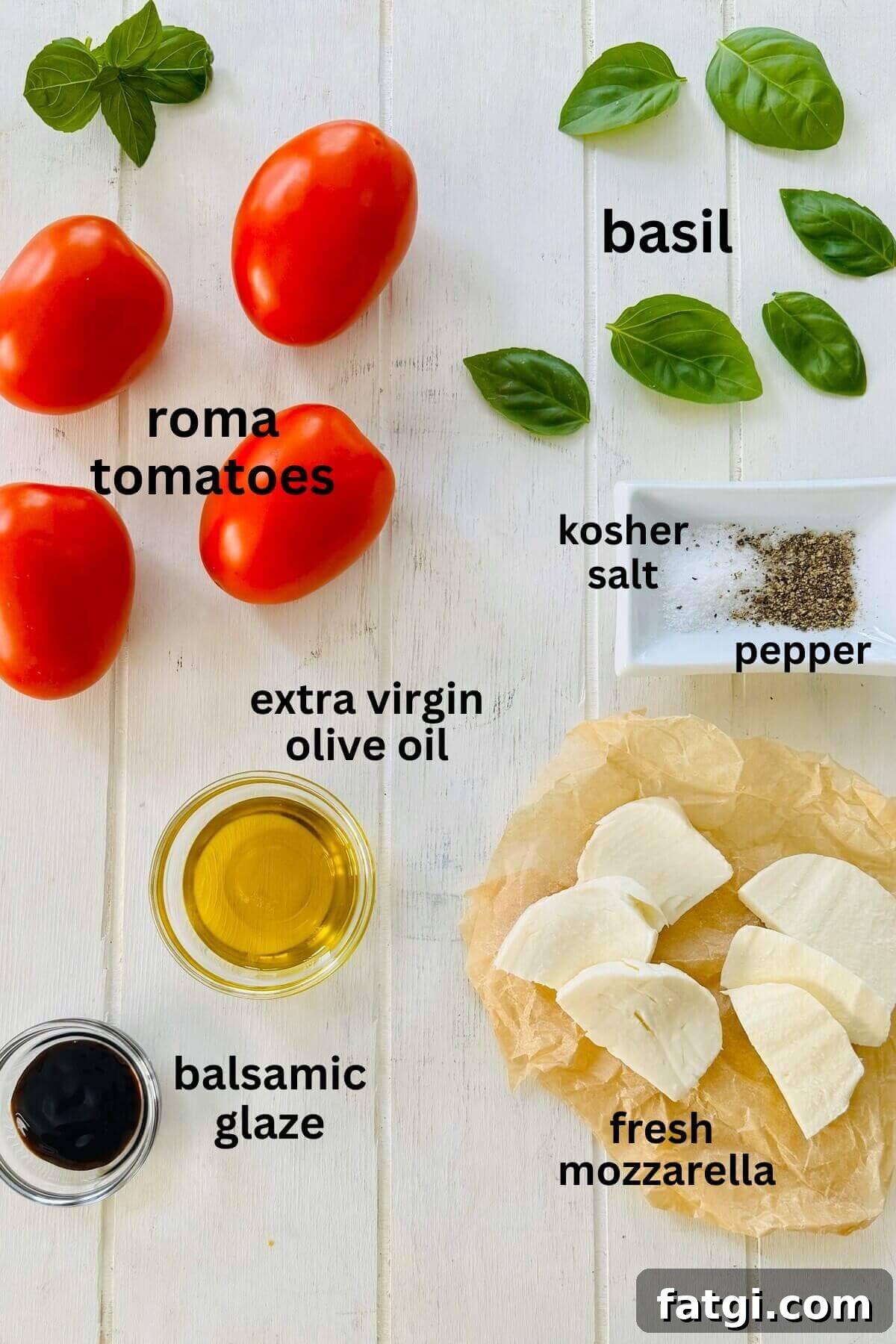 Stuffed Caprese Tomatoes with Mozzarella and Basil 3 tomatoes, fresh mozzarella, basil, salt, pepper, olive oil, balsamic glaze.
