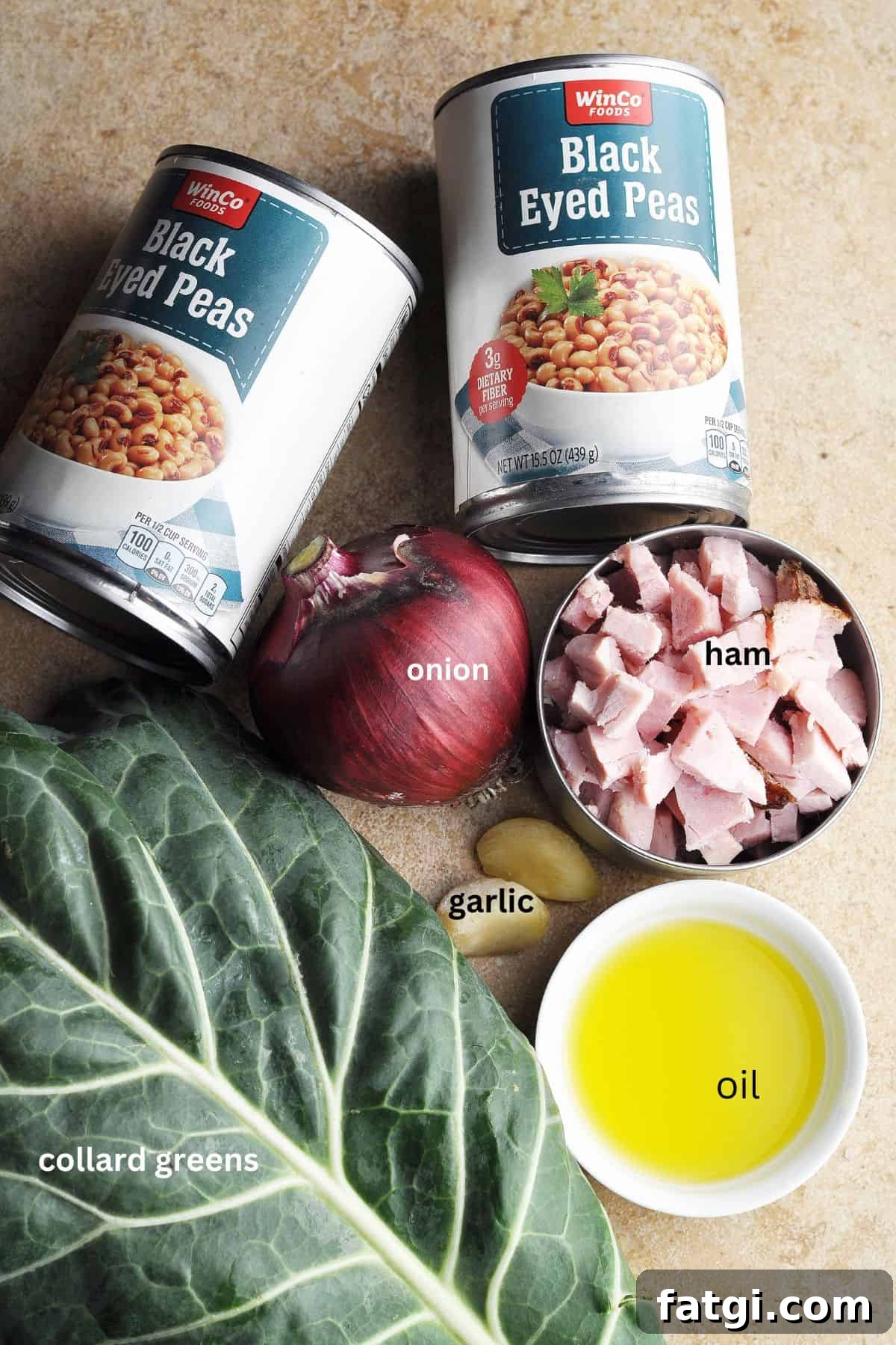 Ingredients for Southern black eyed peas and collard greens