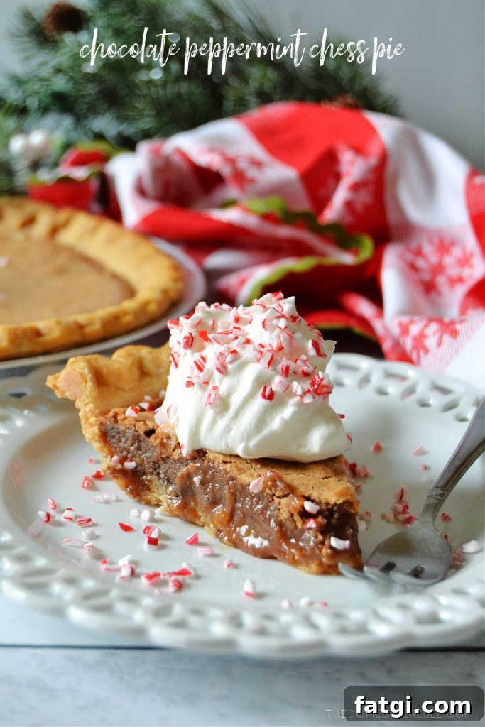 Sugar Pie Bars with Buttery Shortbread Crust 7 a piece of chocolate peppermint chess pie topped with whipped cream and candy cane pieces on a white plate