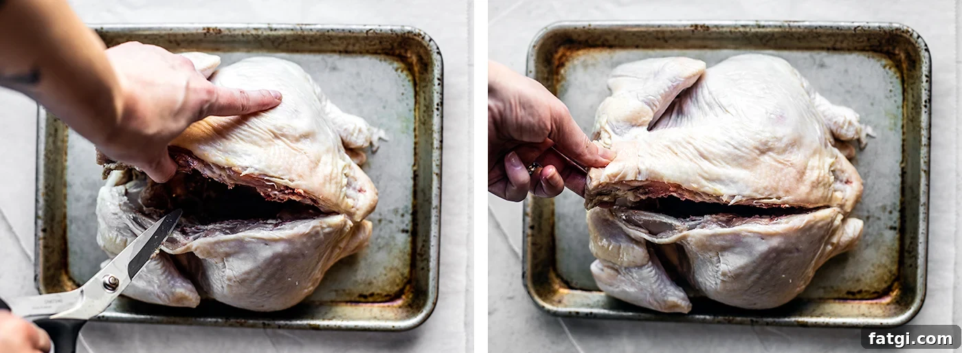 How to Spatchcock a Chicken: Step-by-Step Video 4 Whole chicken being cut along backbone with kitchen shears.
