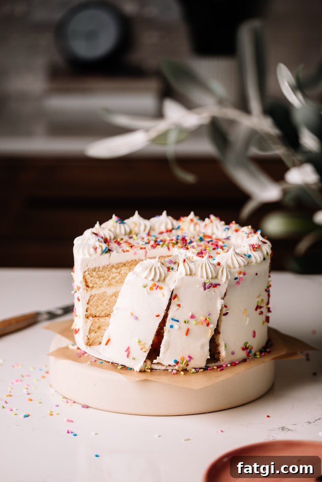 Layer cake with rainbow sprinkles on cake plate with two slices cut out