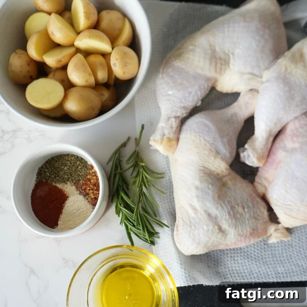 Ingredients for baked chicken leg quarters.
