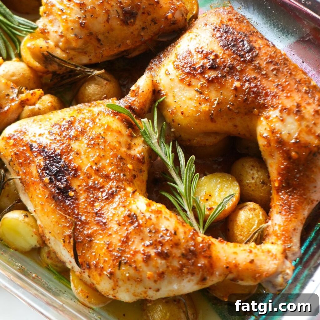 Baked chicken leg quarters with crispy skin and roasted baby potatoes garnished with rosemary.