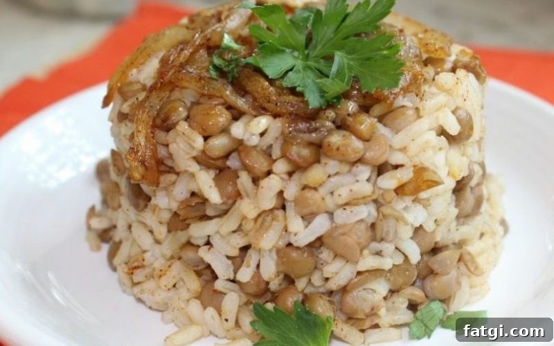 Mujaddara with lentils and rice topped with fried onions
