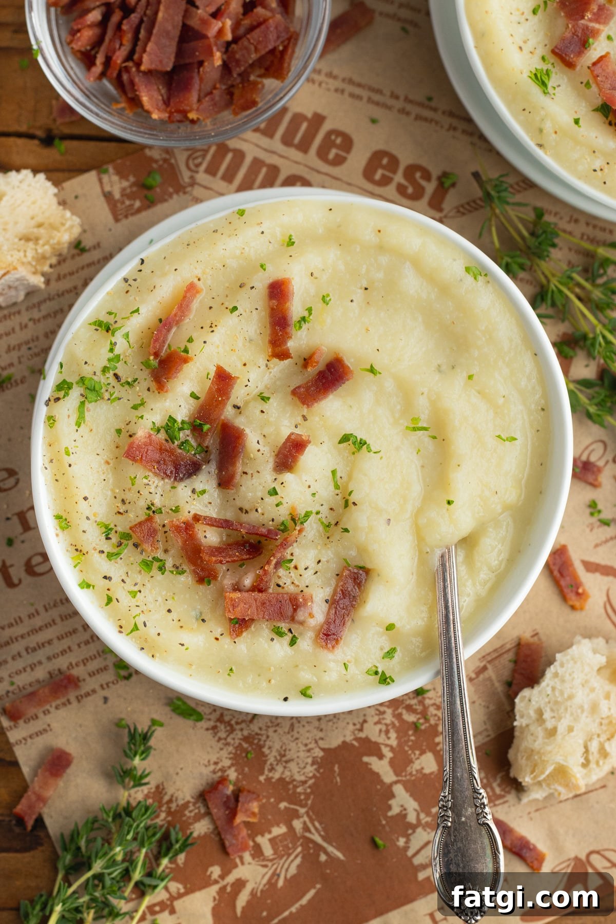 Creamy Cauliflower, Potato and Leek Soup Recipe 2 This is a picture of a bowl filled with potato cauliflower leek soup.