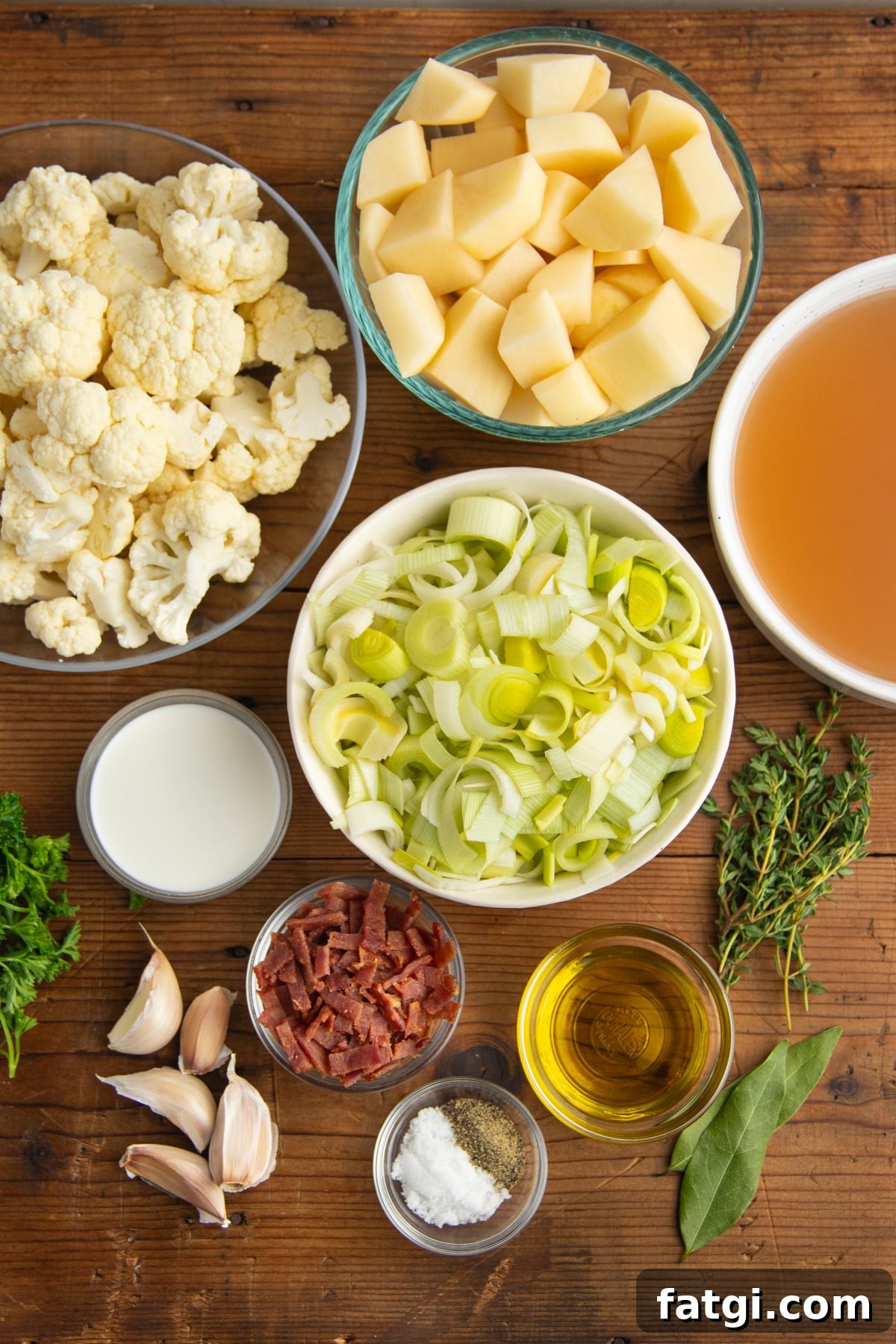 Creamy Cauliflower, Potato and Leek Soup Recipe 3 This is a picture of all the ingredients needed to make potato cauliflower leek soup.